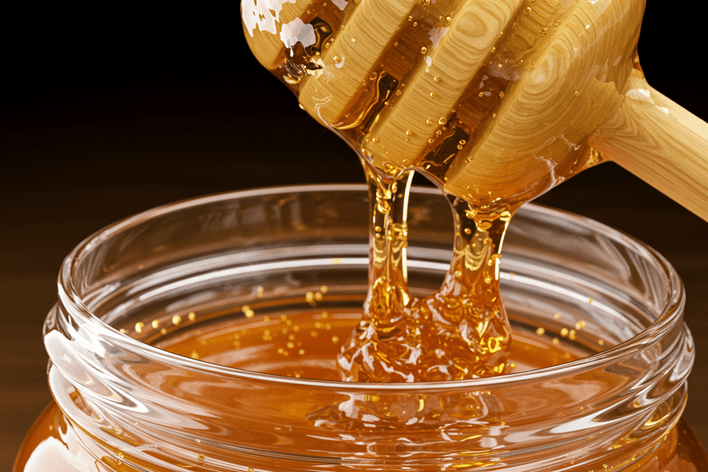 A honey dipper lifting golden raw honey from a jar